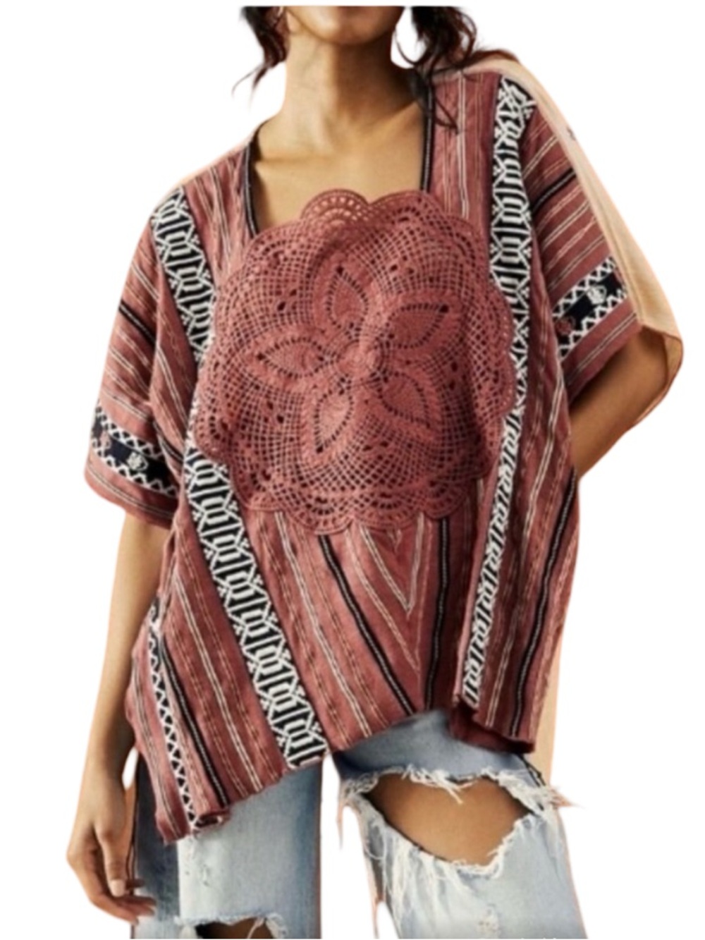 Free People Rust Crochet Panel Striped Tunic